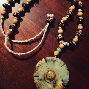 Round Carved Stone/Wood Bead/Hemp Necklace